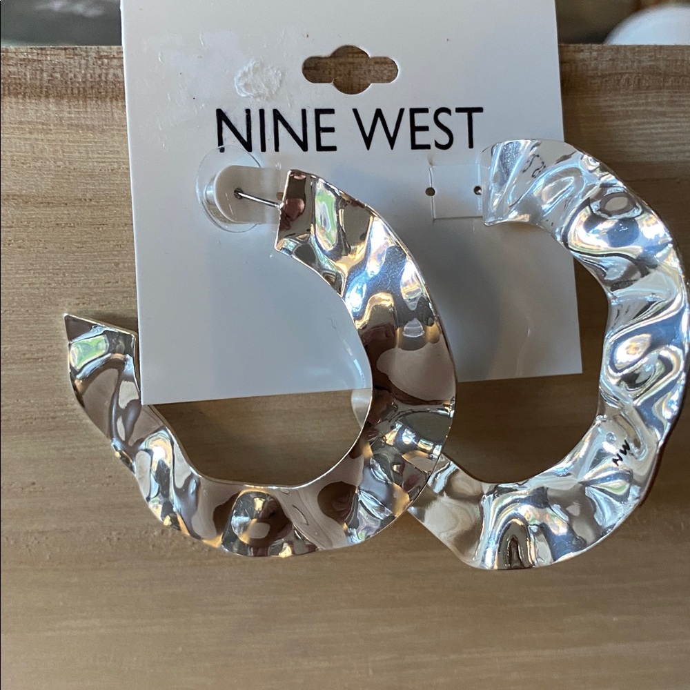 Nine West Shiny Silver Textured 2 1/2” hoop Earrings